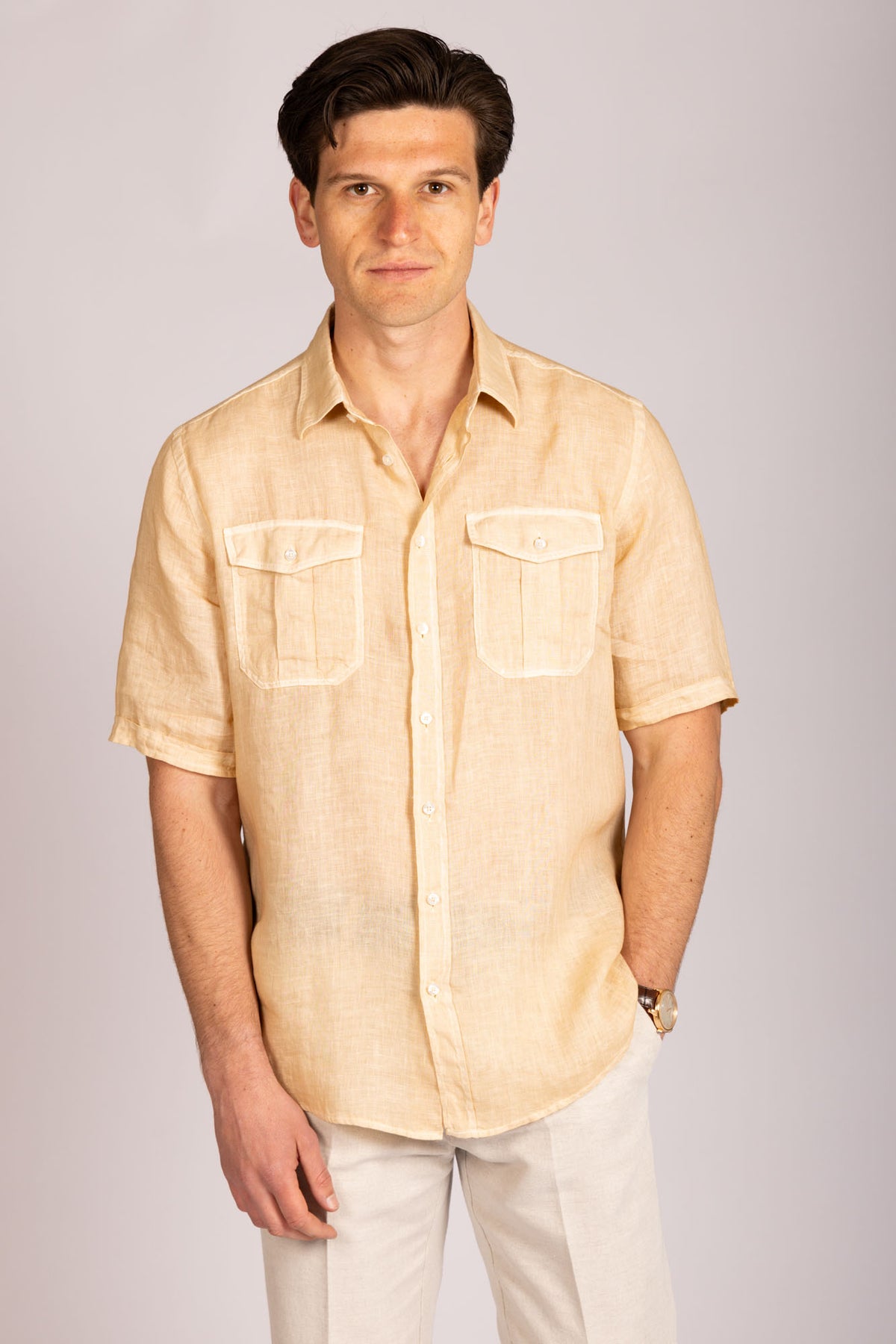 Featherstone London beige linen short sleeve shirt