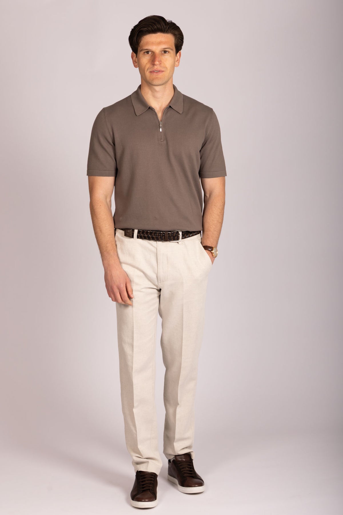 Brown zip knit polo – Featherstone London men’s polo shirts - Full Body