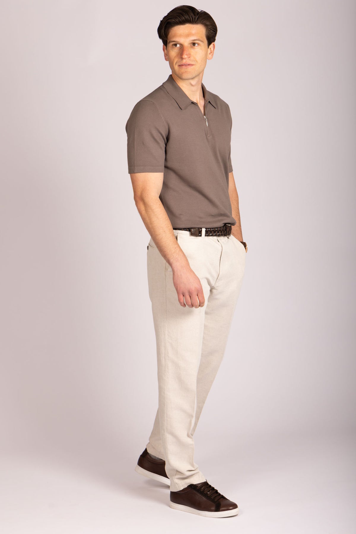 Brown zip knit polo – Featherstone London men’s polo shirts - Side View