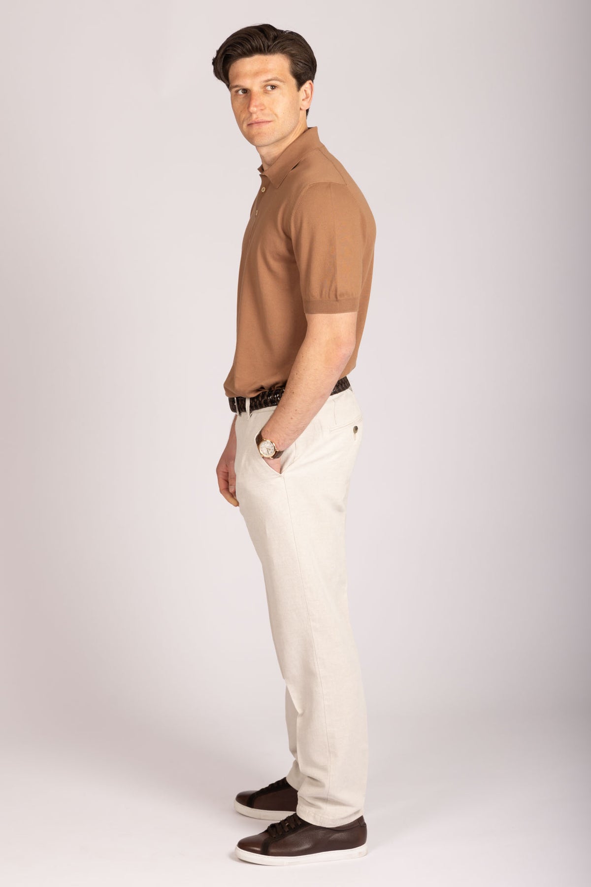 Brown short sleeve polo shirt – Featherstone London men’s smart casual polo - Side View