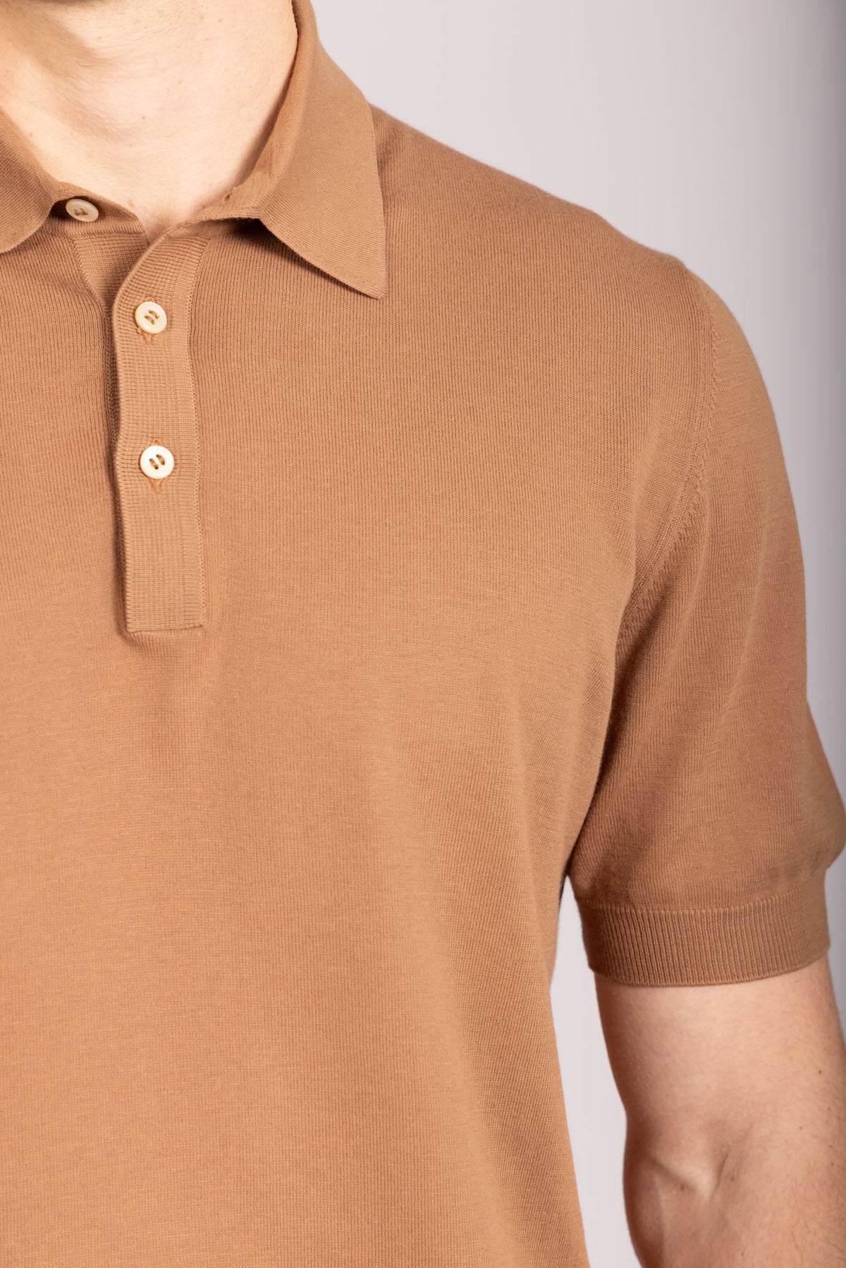 Brown short sleeve polo shirt – Featherstone London men’s smart casual polo - Close Up