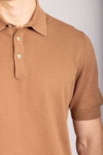 Brown short sleeve polo shirt – Featherstone London men’s smart casual polo - Close Up