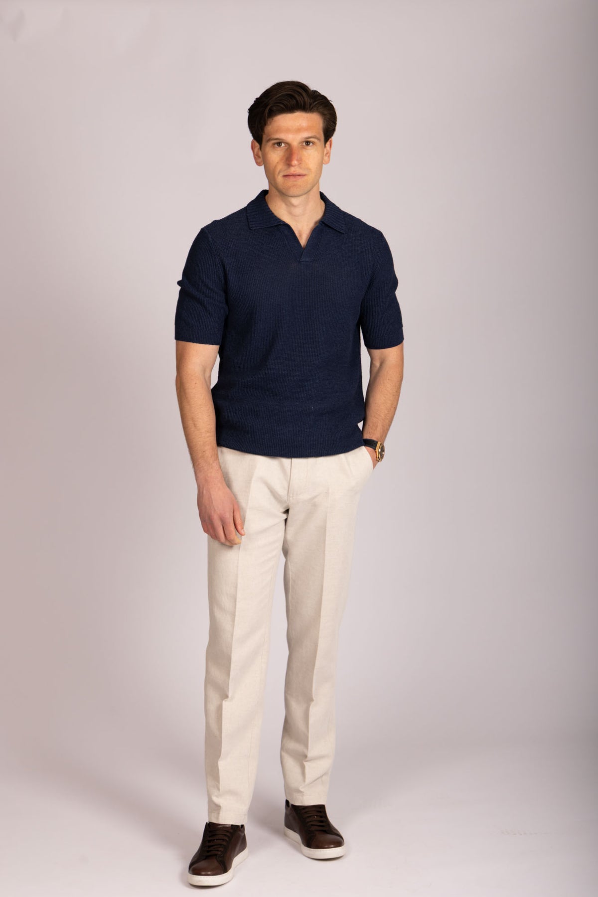 Navy knitted polo shirt – Featherstone London men’s knitwear - Full Body