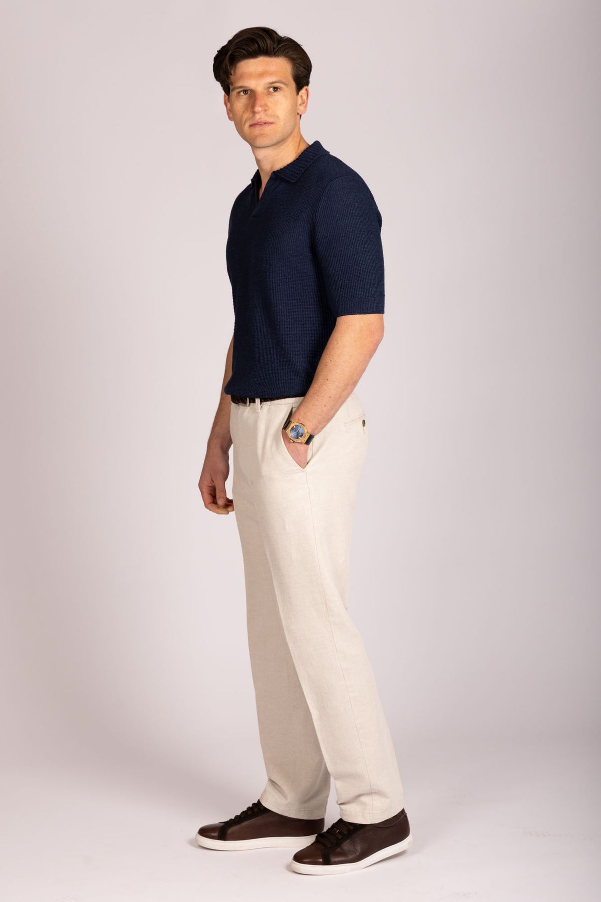 Navy knitted polo shirt – Featherstone London men’s knitwear - Side View