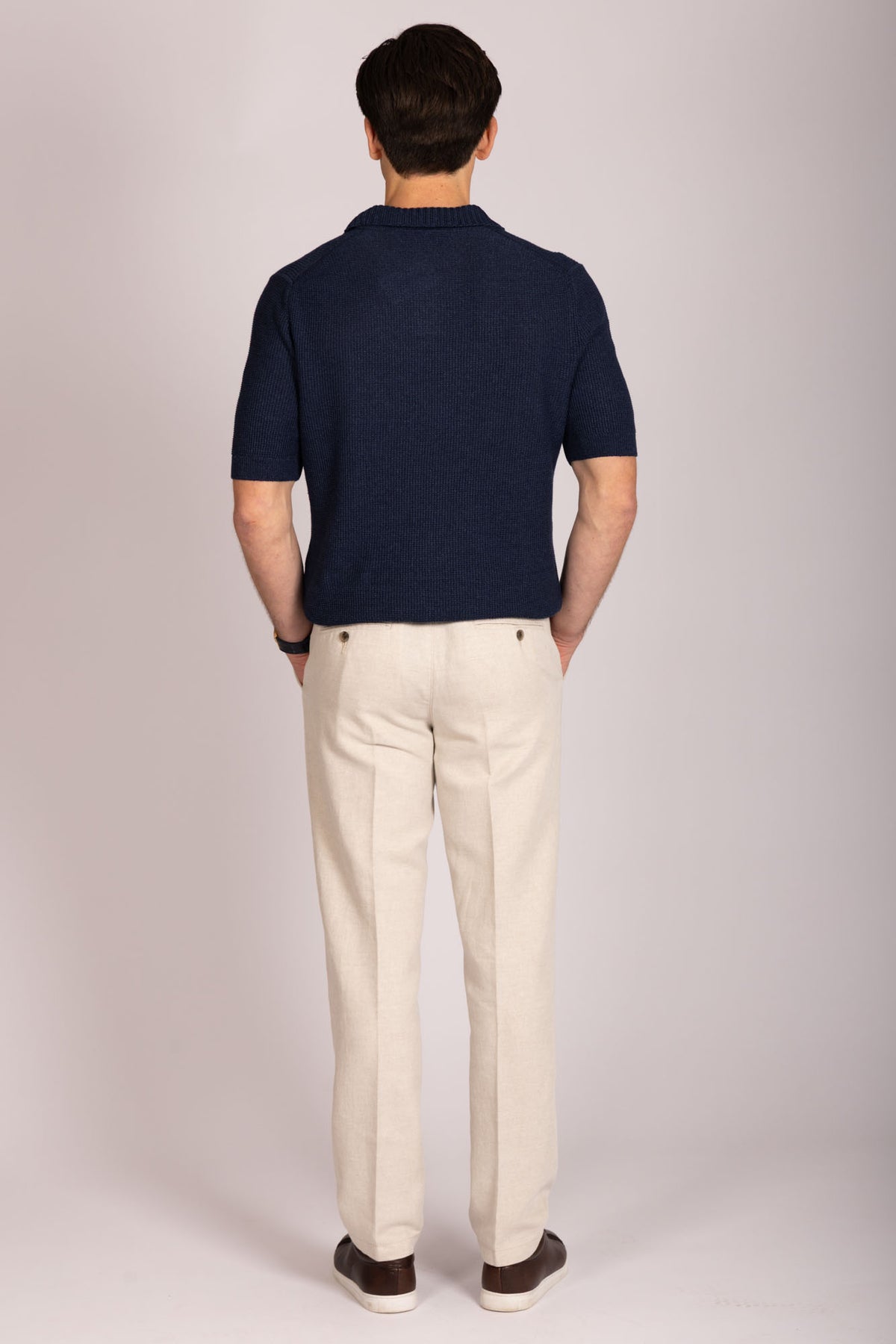 Navy knitted polo shirt – Featherstone London men’s knitwear - Back View