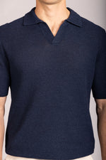 Navy knitted polo shirt – Featherstone London men’s knitwear - Close Up