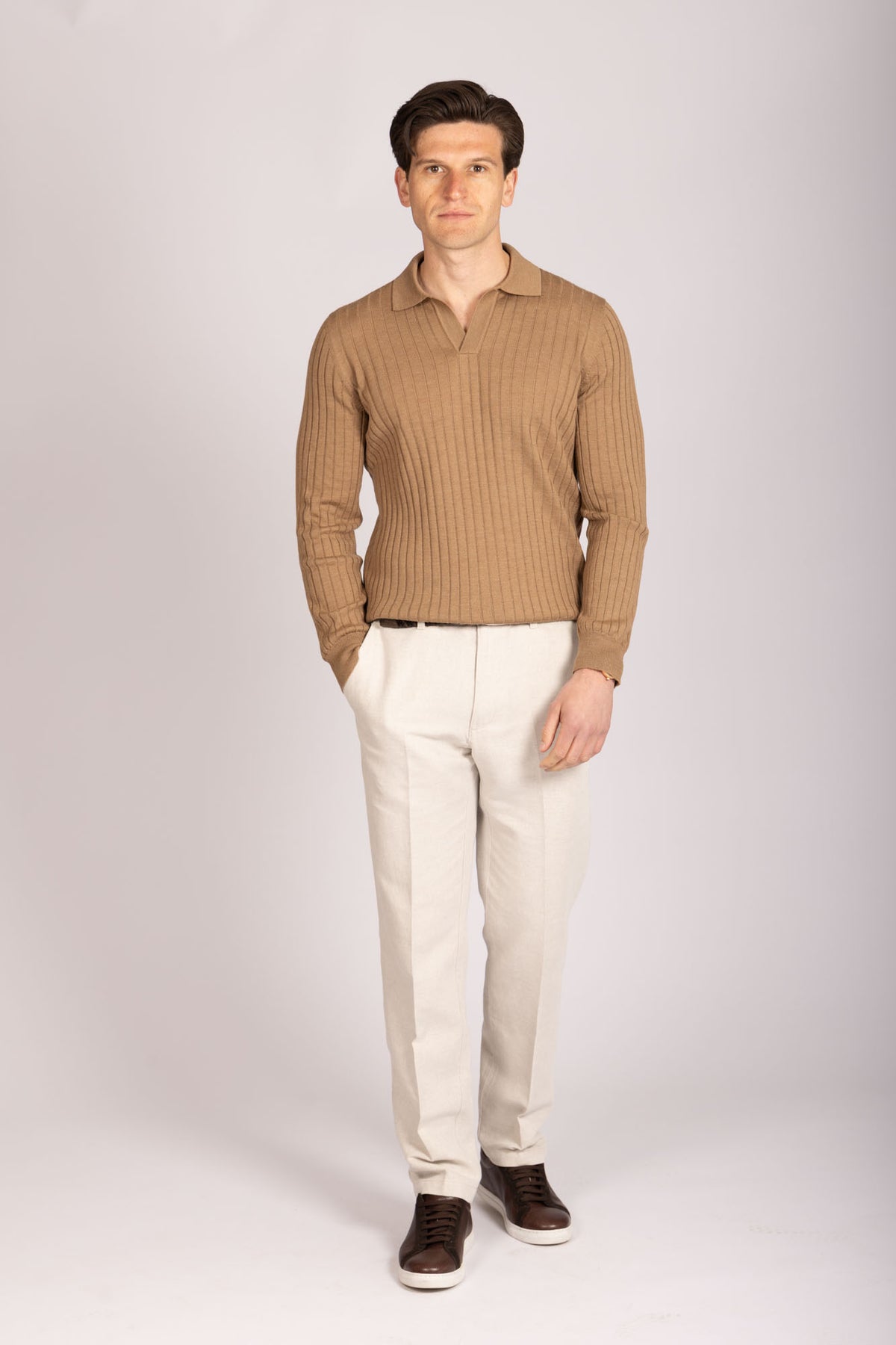 Camel Collared Fine Knit Merino Wool Jumper