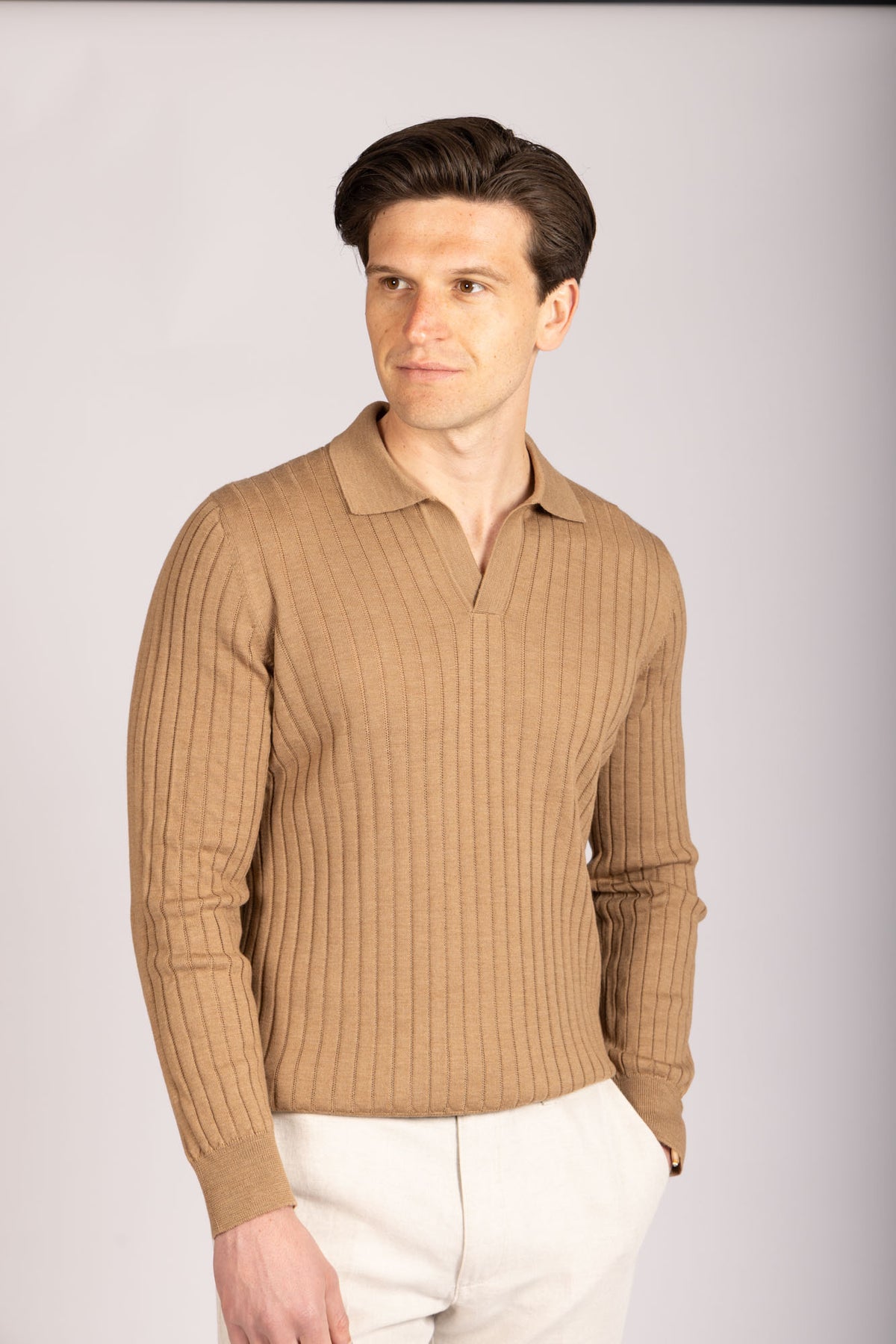 Camel Collared Fine Knit Merino Wool Jumper