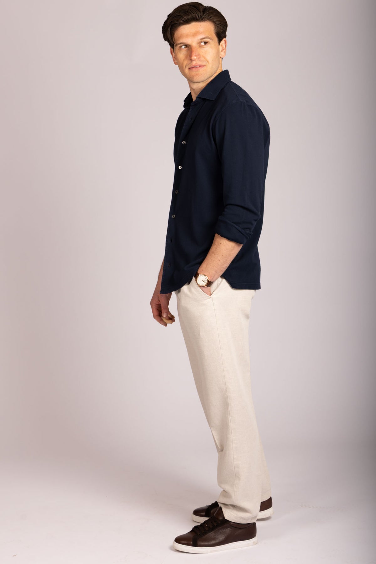 Navy Jersey Shirt - Featherstone London men's shirting - Side View