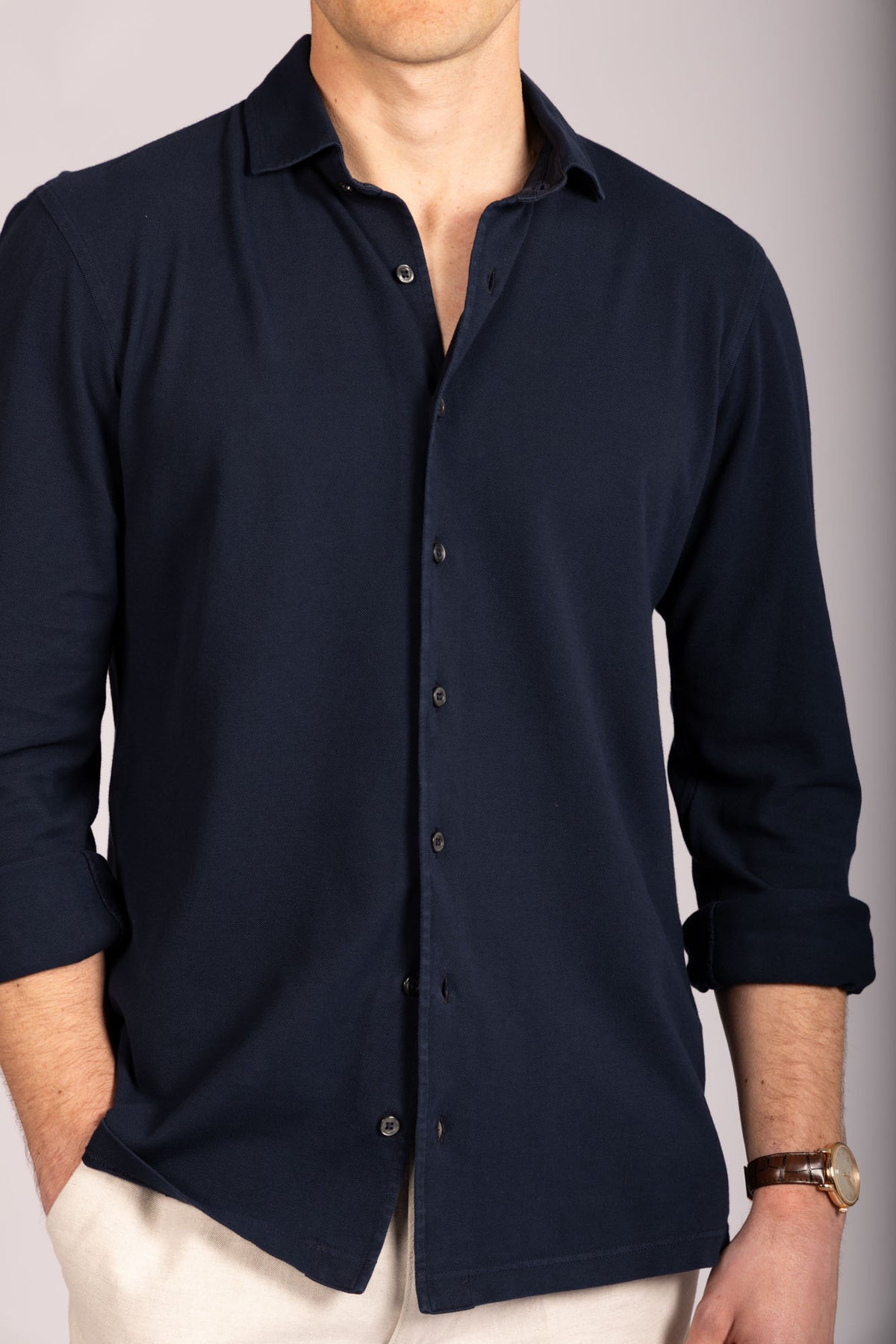 Navy Jersey Shirt - Featherstone London men's shirting - Close Up