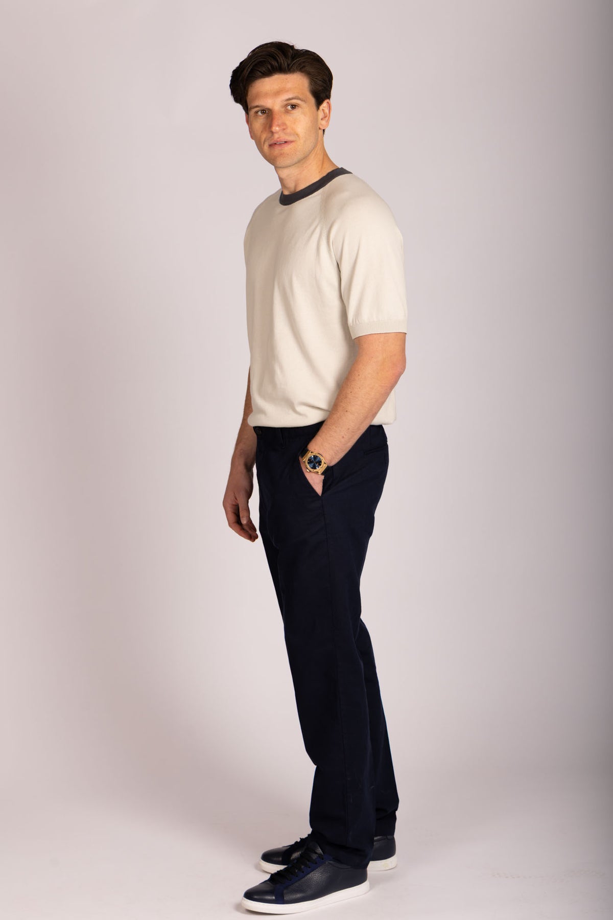 Featherstone London cream short sleeve knit with contrast collar - side view