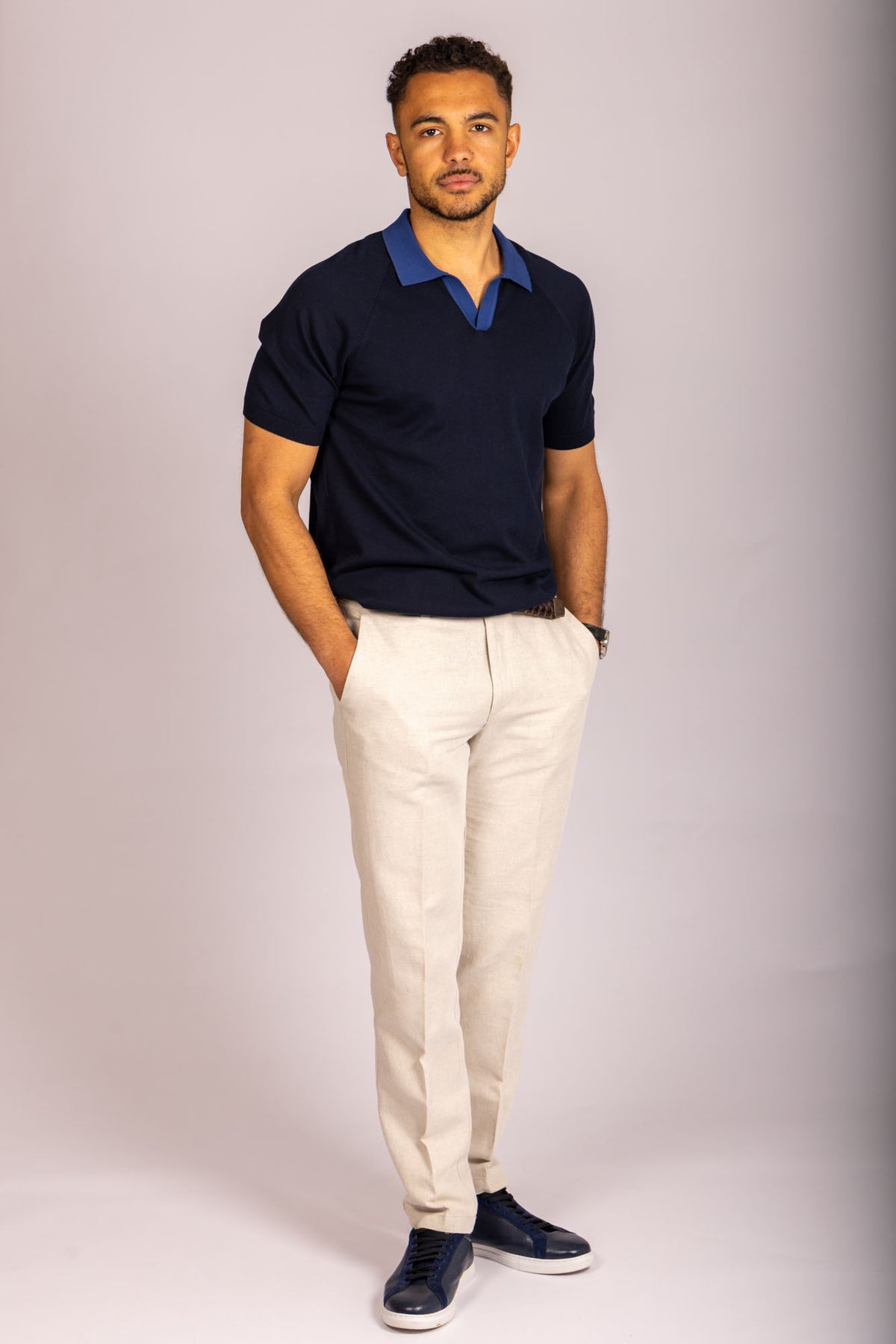 Featherstone London navy open collar knit polo with contrast collar - full body