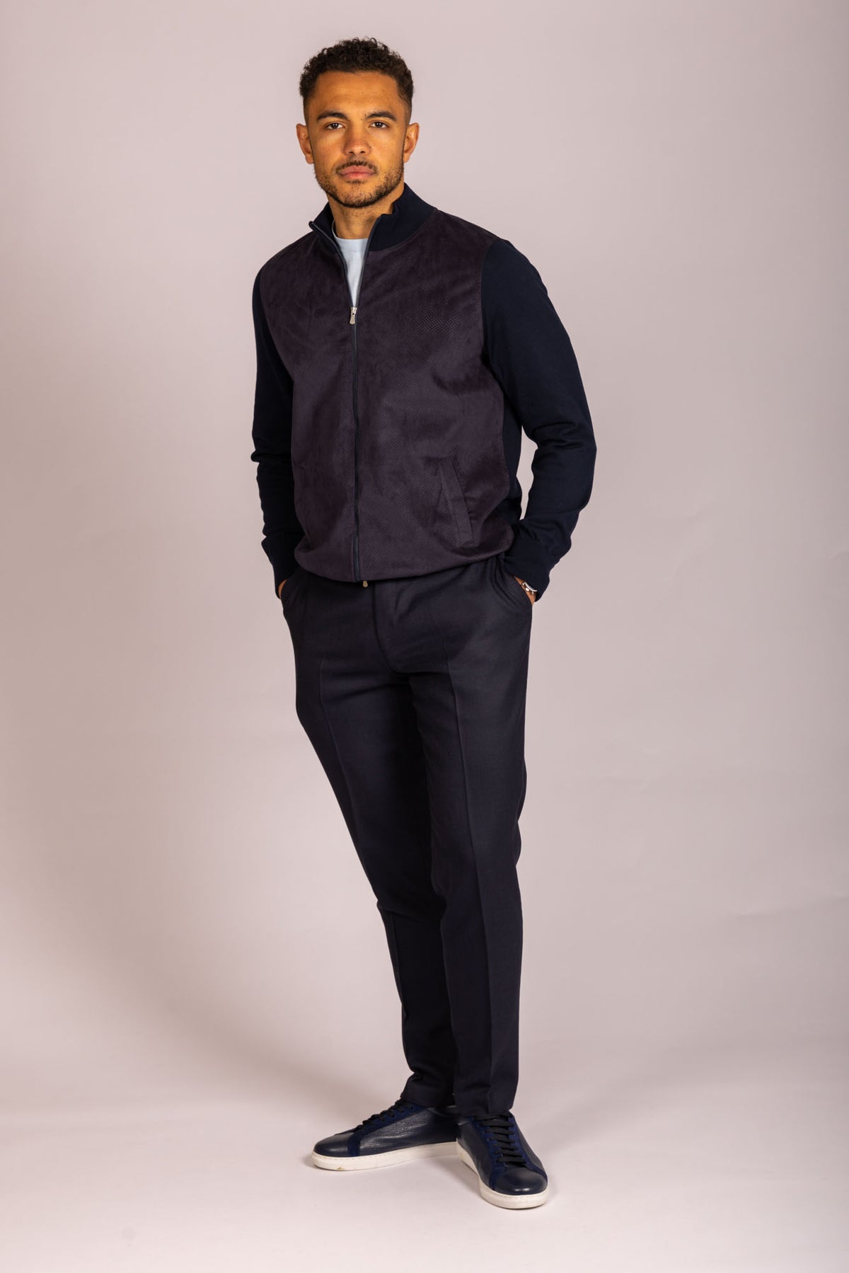 Navy Alcantara funnel neck zip-up – Featherstone London men’s outerwear - Full Body