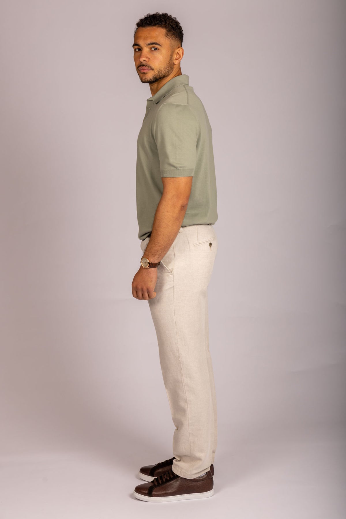 Sage green knit polo – Featherstone London men’s polo shirts - Side View