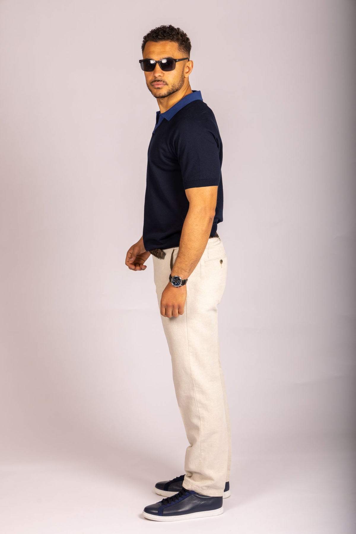 Featherstone London navy open collar knit polo with contrast collar - side