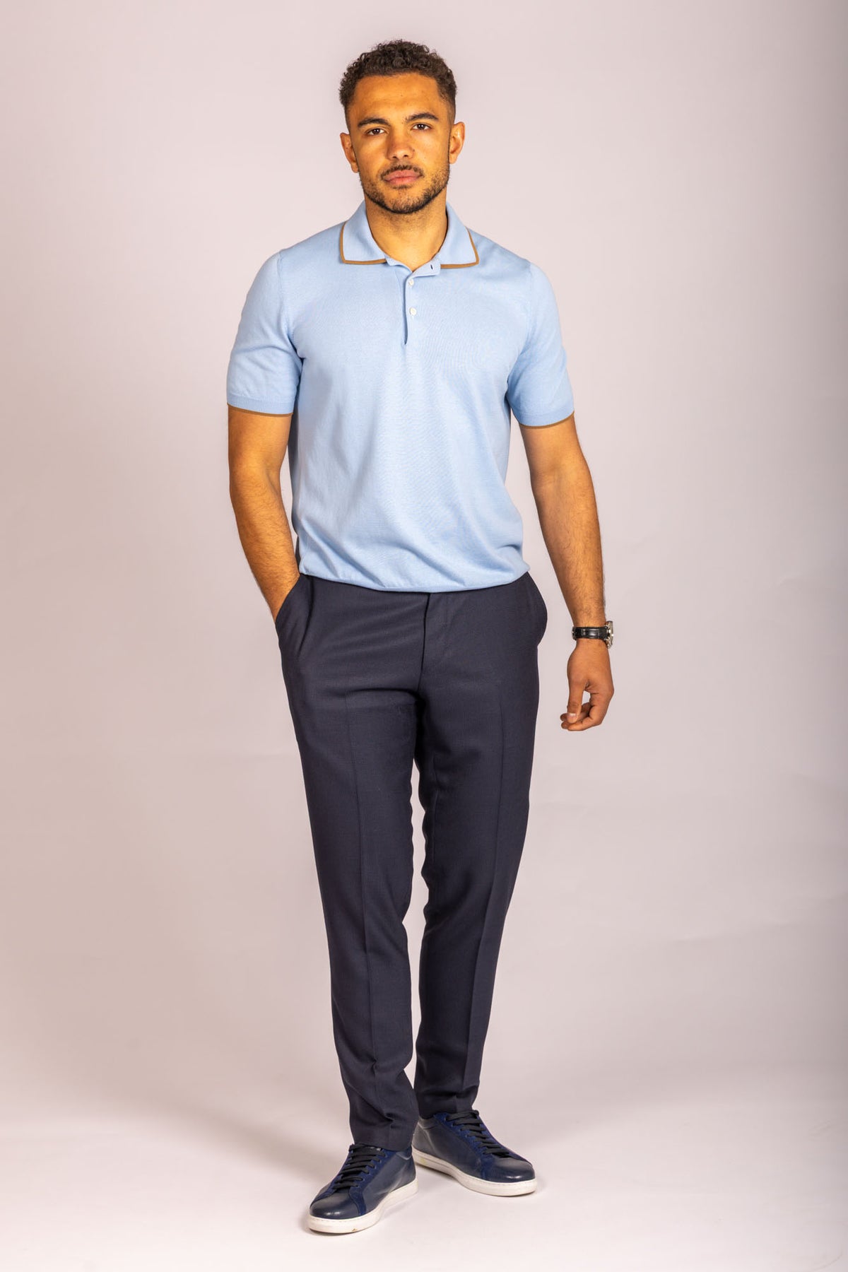 Sky blue knit polo with contrast tipping – Featherstone London men’s polo shirts - Full Body