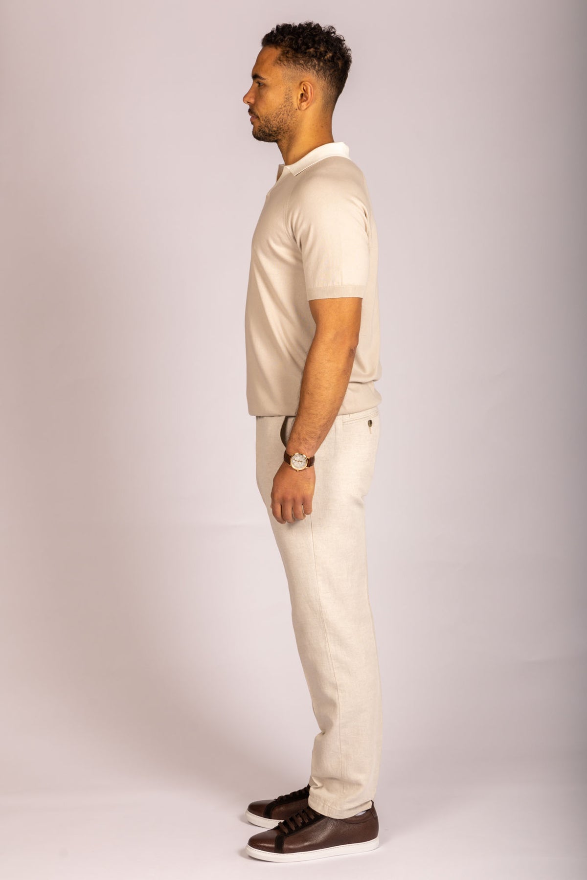 Featherstone London beige open collar knit polo - side