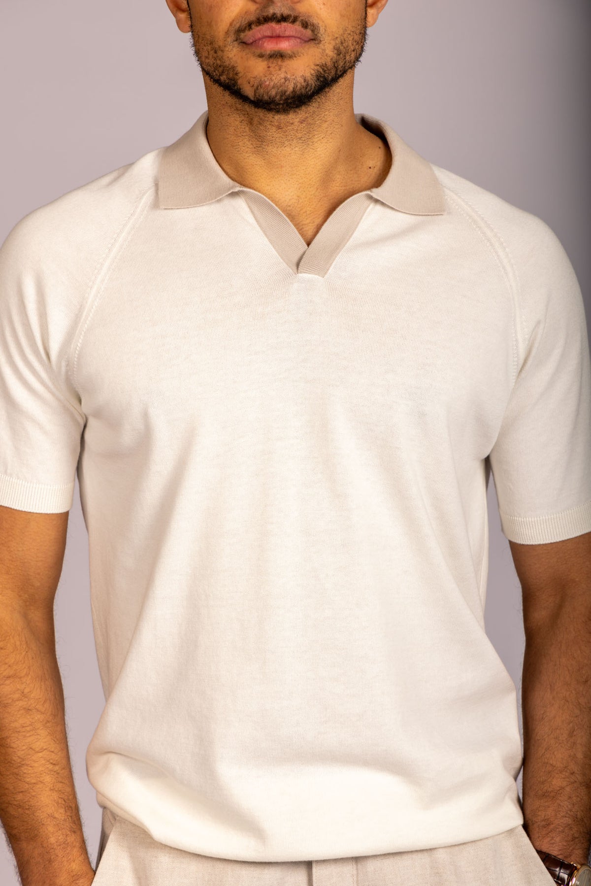 Featherstone London cream open collar knit polo - close up