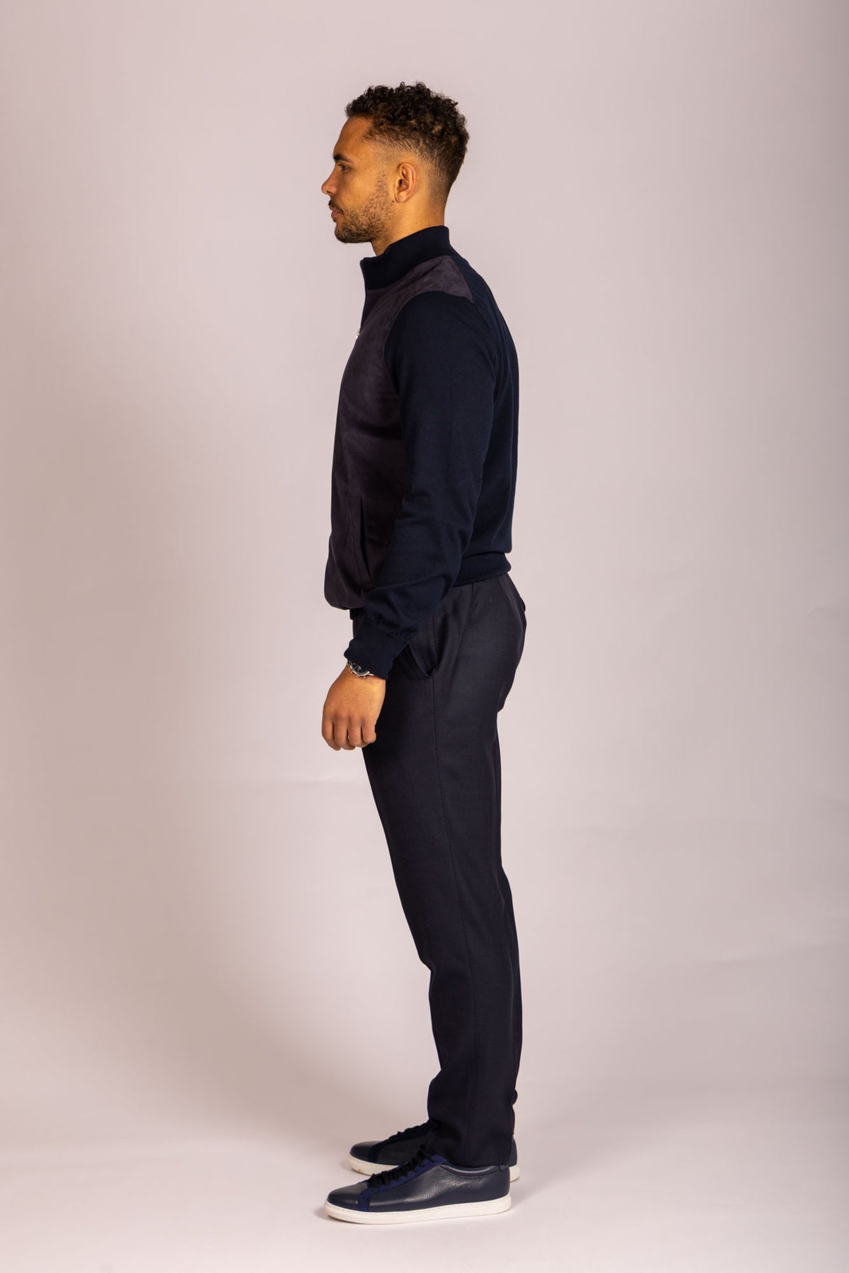 Navy Alcantara funnel neck zip-up – Featherstone London men’s outerwear - Side View