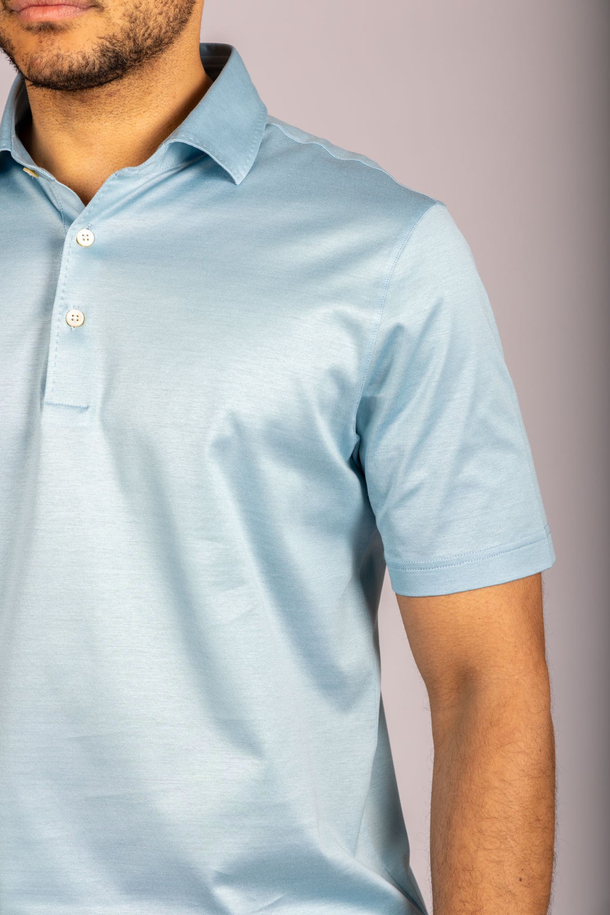 Ice blue performance polo – Featherstone London men’s polo shirts - Close up