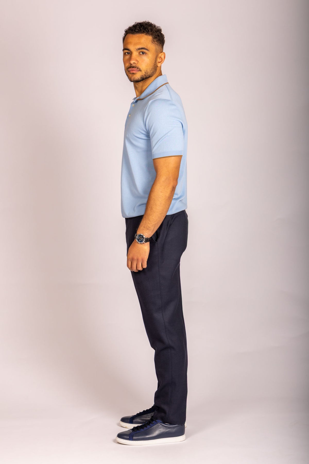Sky blue knit polo with contrast tipping – Featherstone London men’s polo shirts - Side View