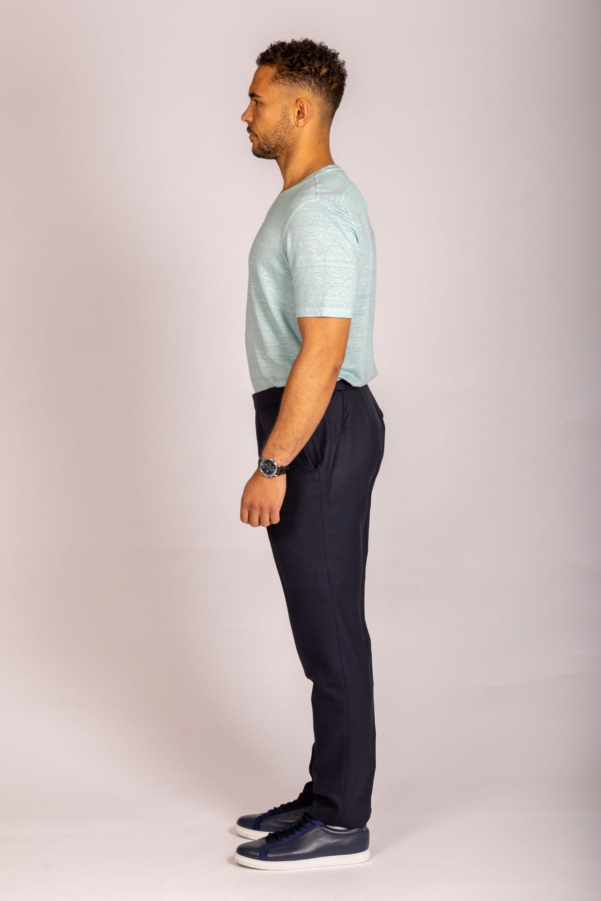 Side view Light blue crew neck men’s T-shirt – Featherstone London minimalist T-shirt