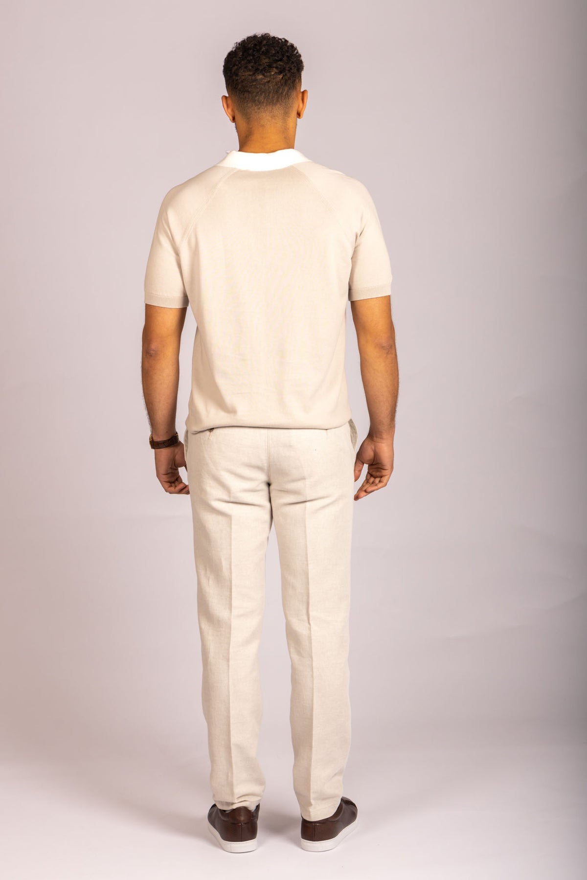 Featherstone London beige open collar knit polo - back