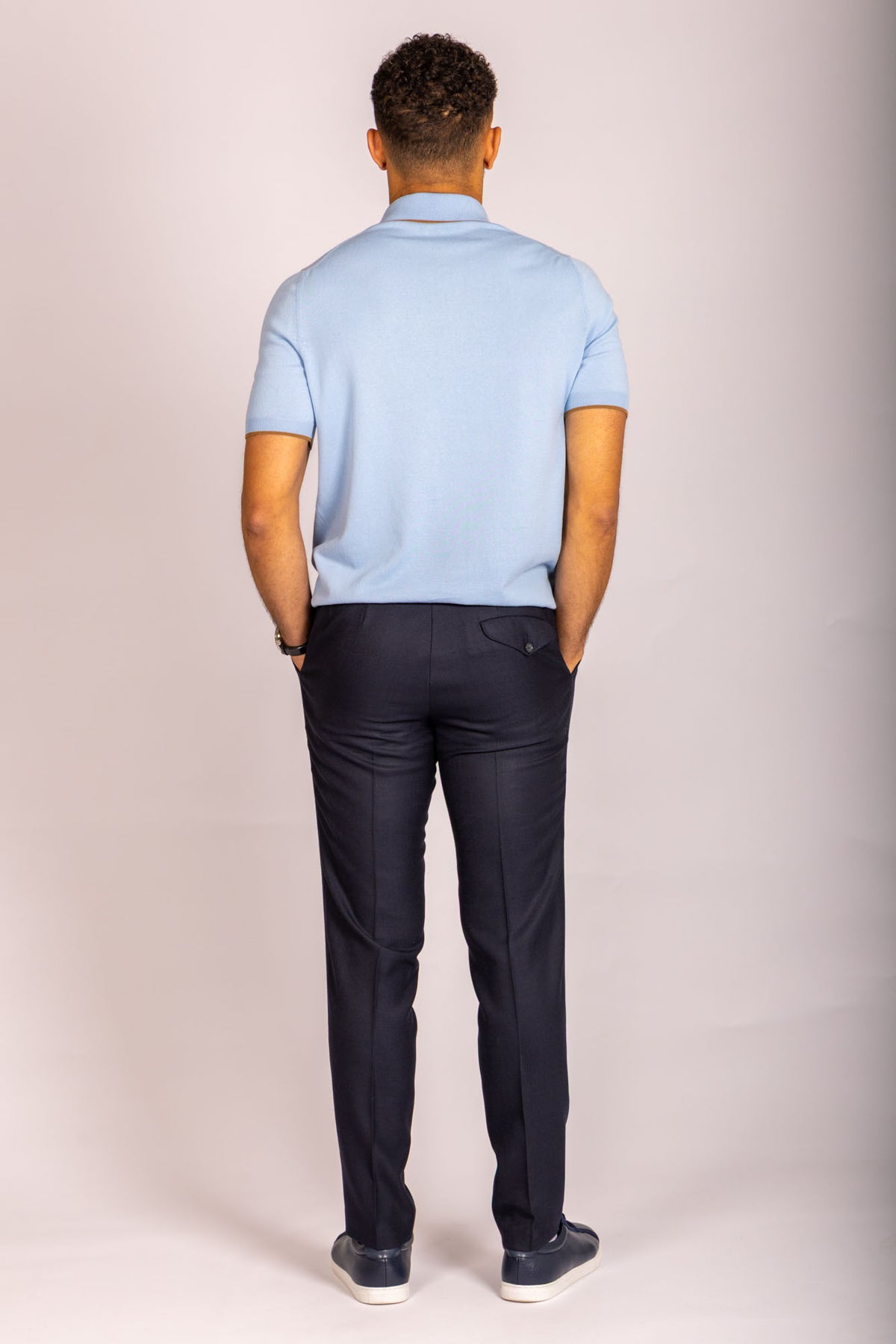 Sky blue knit polo with contrast tipping – Featherstone London men’s polo shirts - Back View