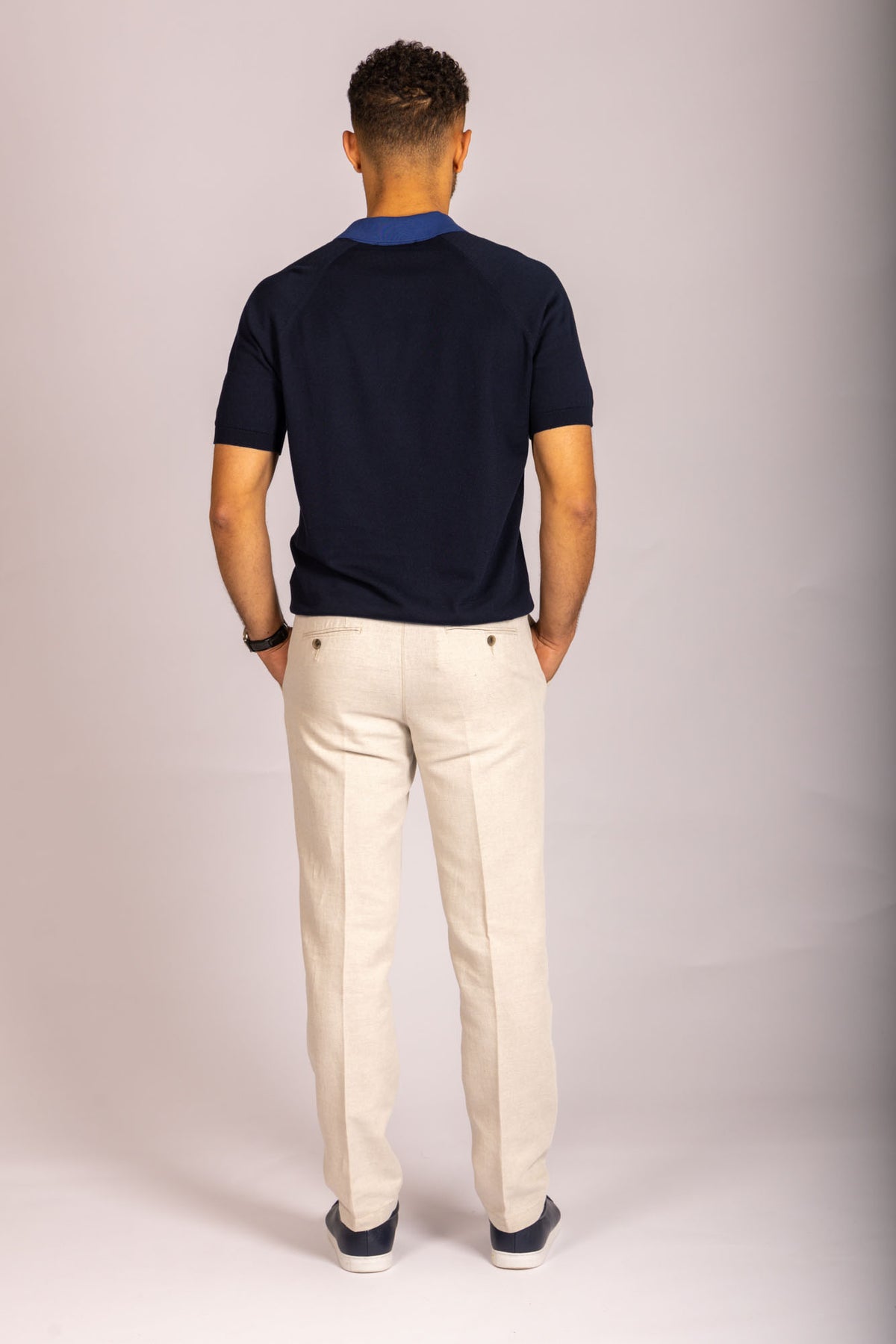 Featherstone London navy open collar knit polo with contrast collar - back