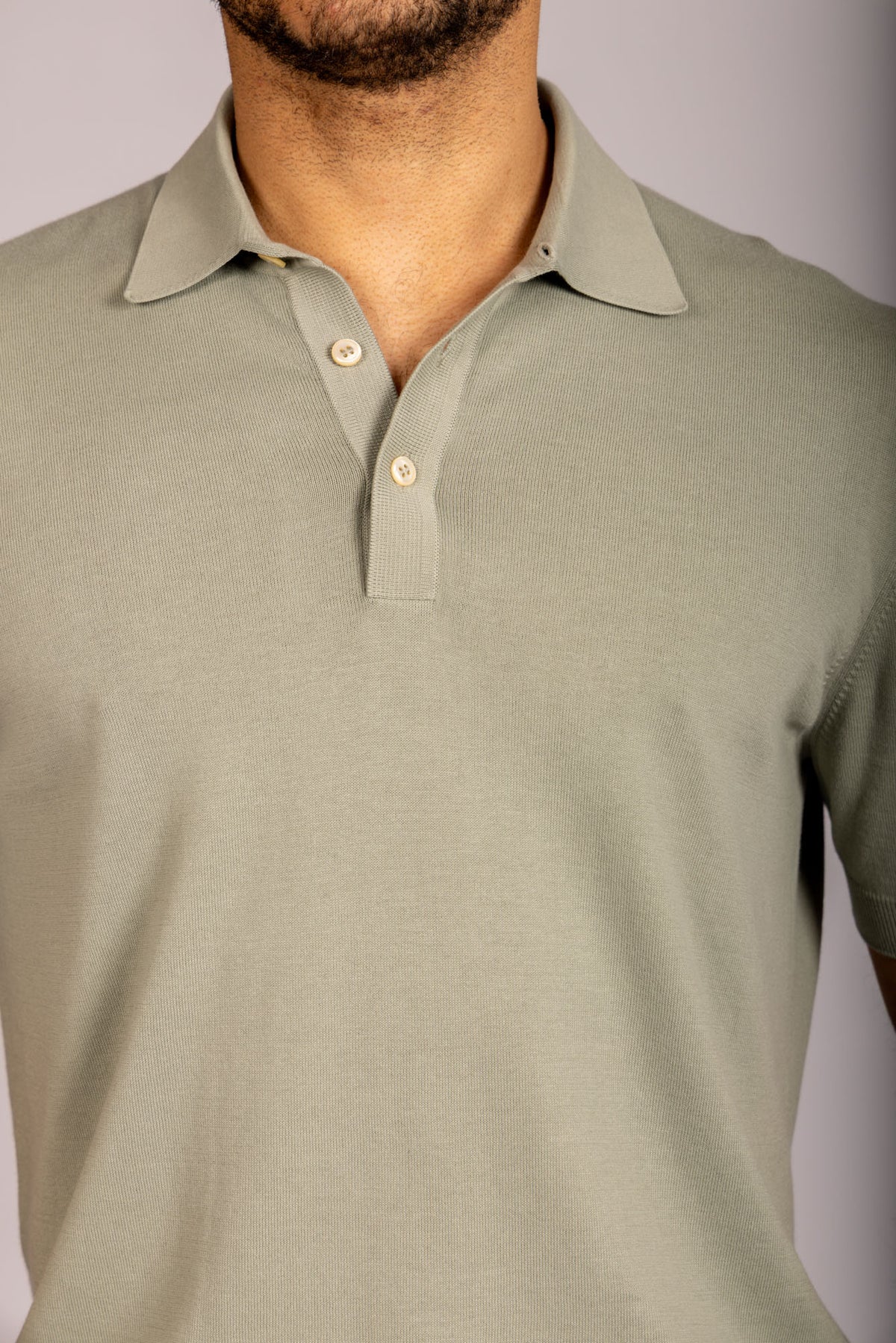 Sage green knit polo – Featherstone London men’s polo shirts - Close Up