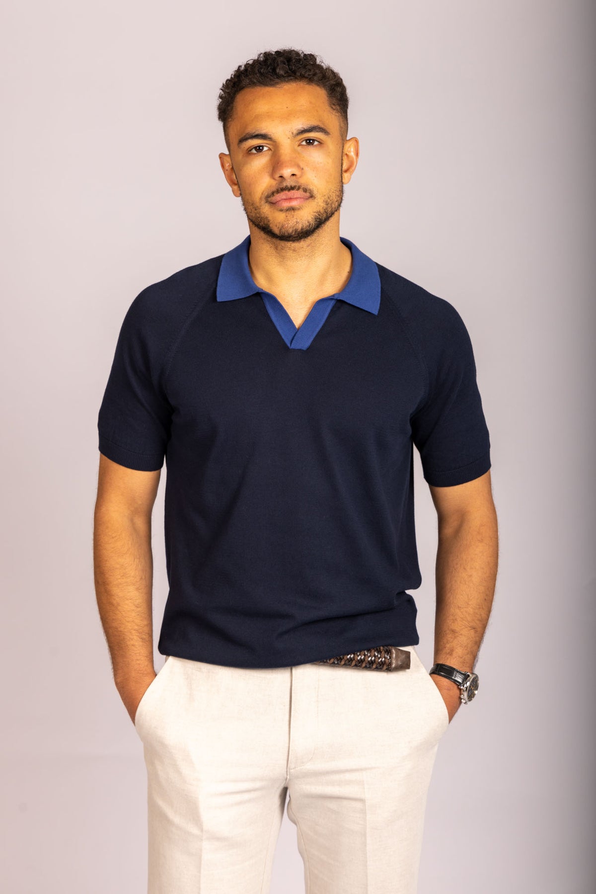 Featherstone London navy open collar knit polo with contrast collar