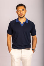 Featherstone London navy open collar knit polo with contrast collar