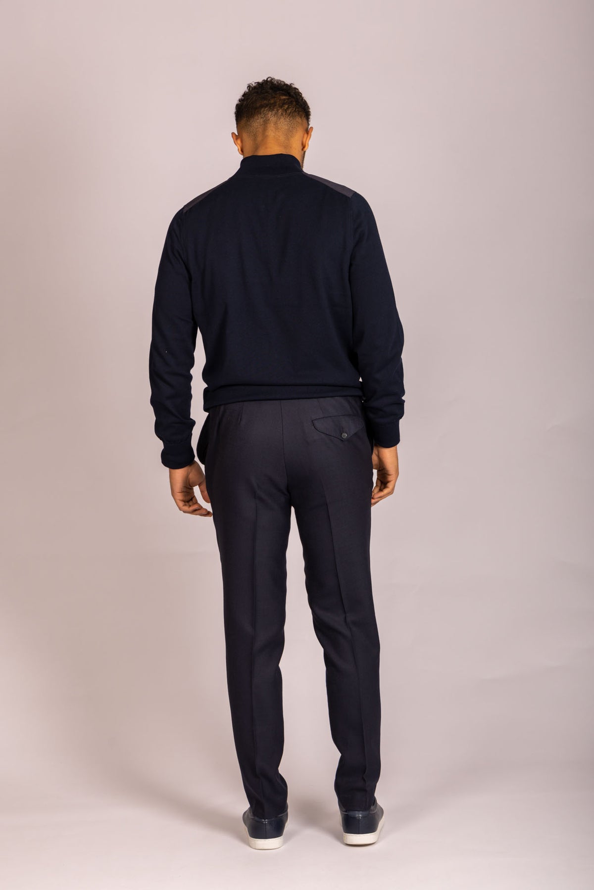 Navy Alcantara funnel neck zip-up – Featherstone London men’s outerwear - Back View