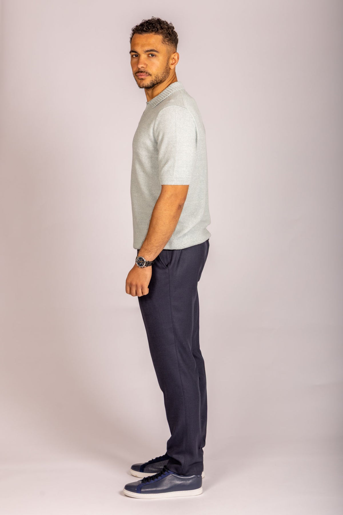 Soft sage open collar knit polo – Featherstone London men’s polo shirts - Side View