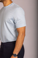 Sky blue crew neck T-shirt – Featherstone London men’s T-shirts - Close up