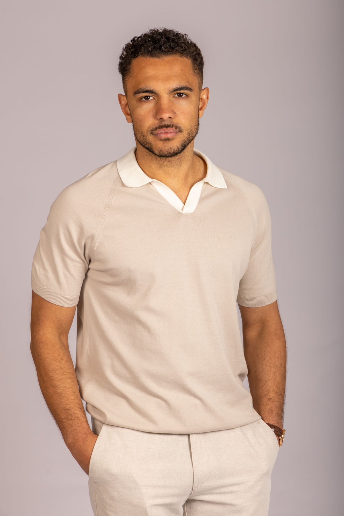 Featherstone London beige open collar knit polo