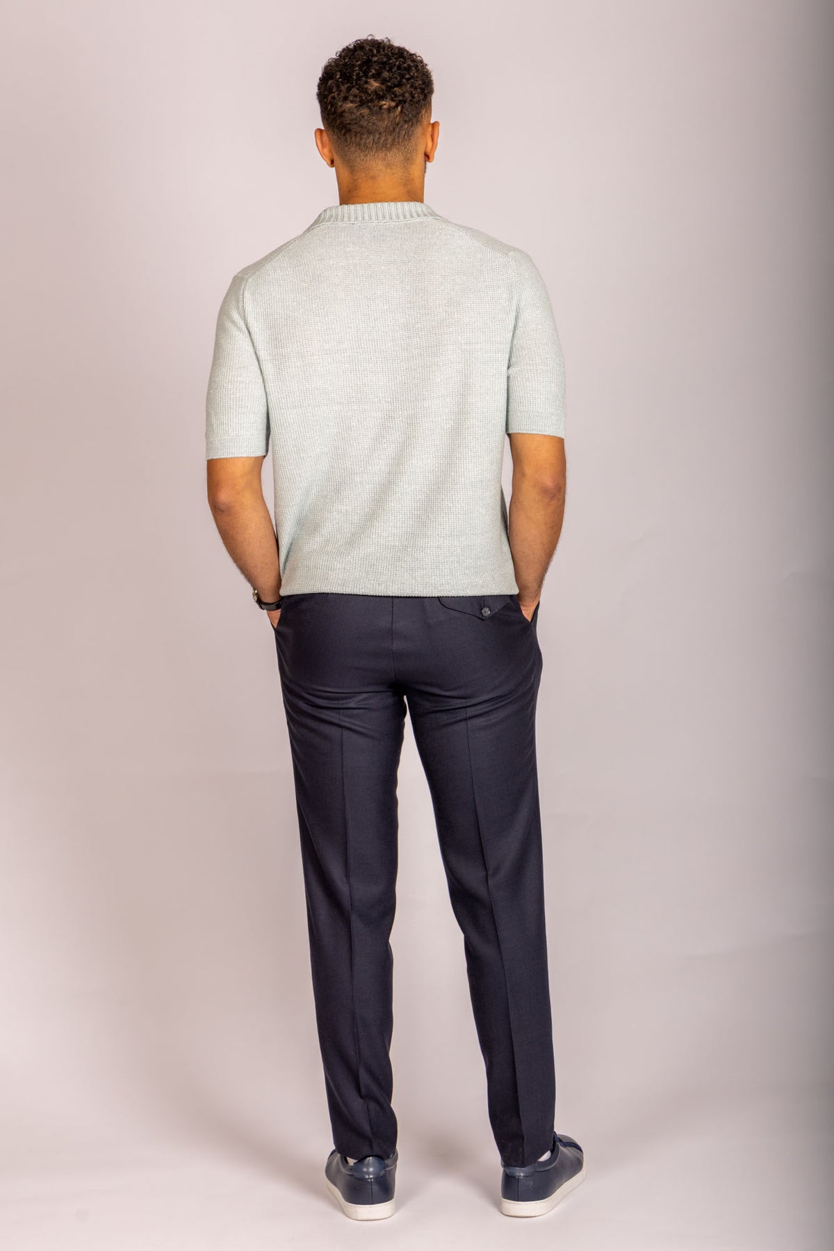 Soft sage open collar knit polo – Featherstone London men’s polo shirts - Back View
