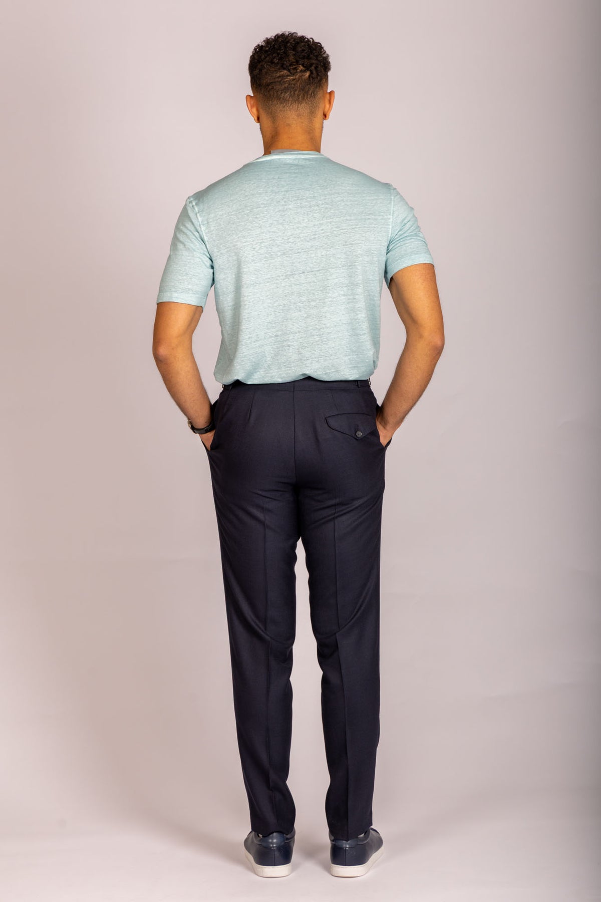 Back View Light blue crew neck men’s T-shirt – Featherstone London minimalist T-shirt