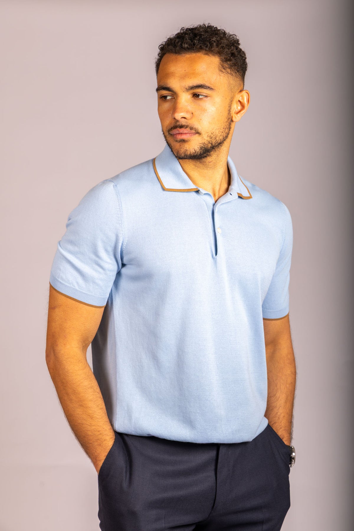 Sky blue knit polo with contrast tipping – Featherstone London men’s polo shirts