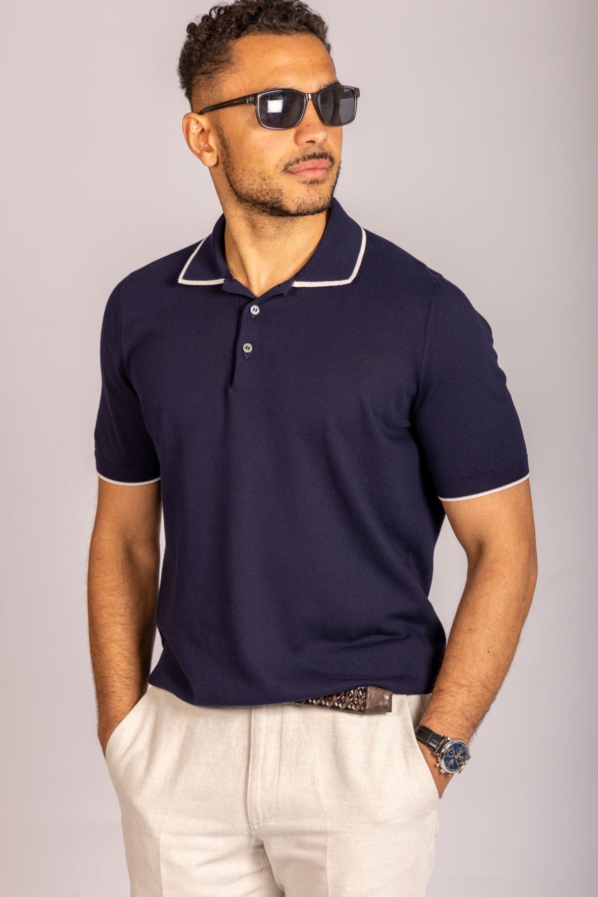 Navy blue tipped knit polo – Featherstone London men’s polo shirts