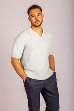 Soft sage open collar knit polo – Featherstone London men’s polo shirts