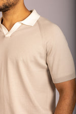 Featherstone London beige open collar knit polo- close up
