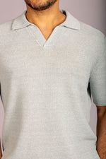 Soft sage open collar knit polo – Featherstone London men’s polo shirts - Close up