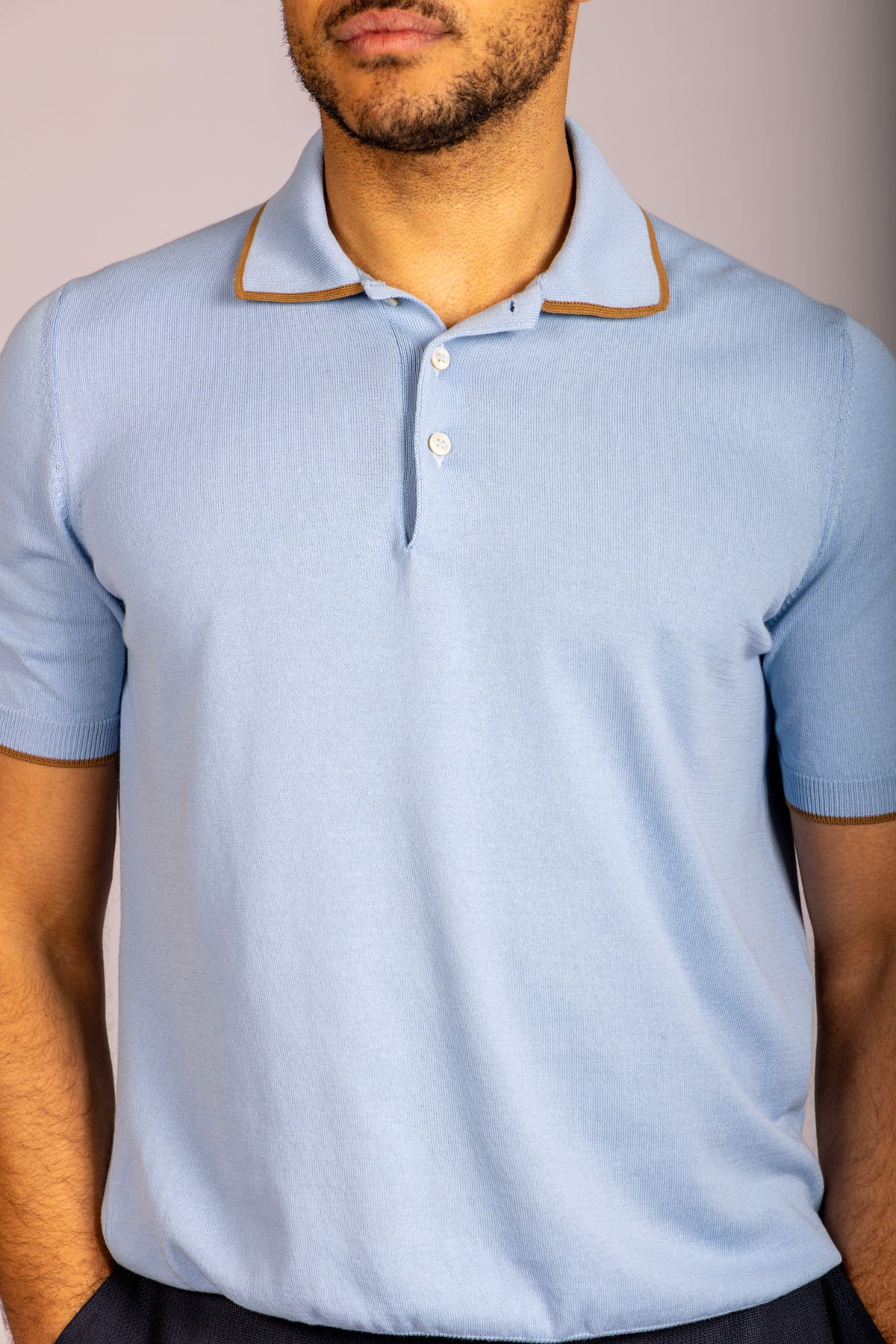 Sky blue knit polo with contrast tipping – Featherstone London men’s polo shirts - Close up