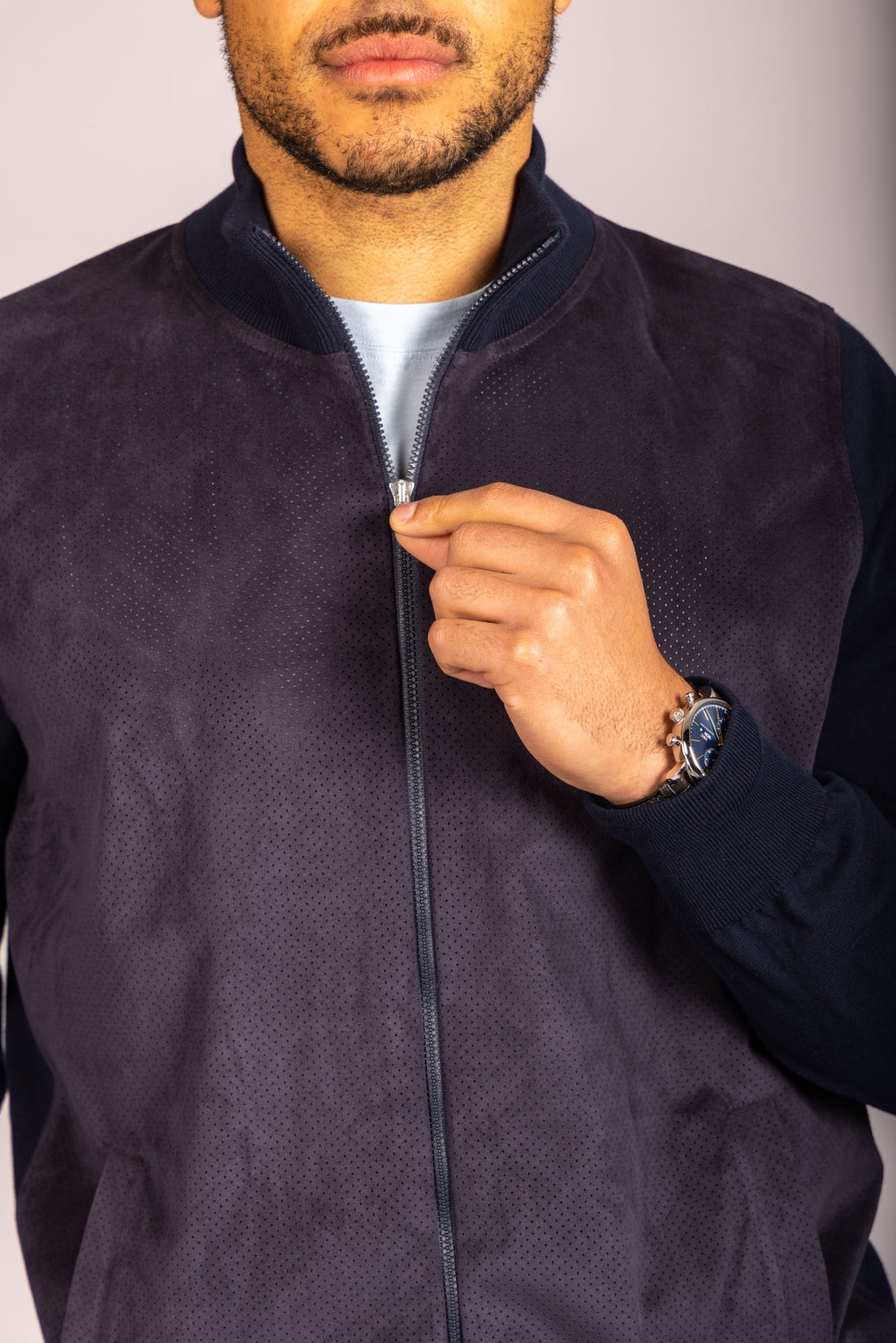 Navy Alcantara funnel neck zip-up – Featherstone London men’s outerwear - Close Up