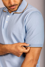 Sky blue knit polo with contrast tipping – Featherstone London men’s polo shirts - Sleeve Detail
