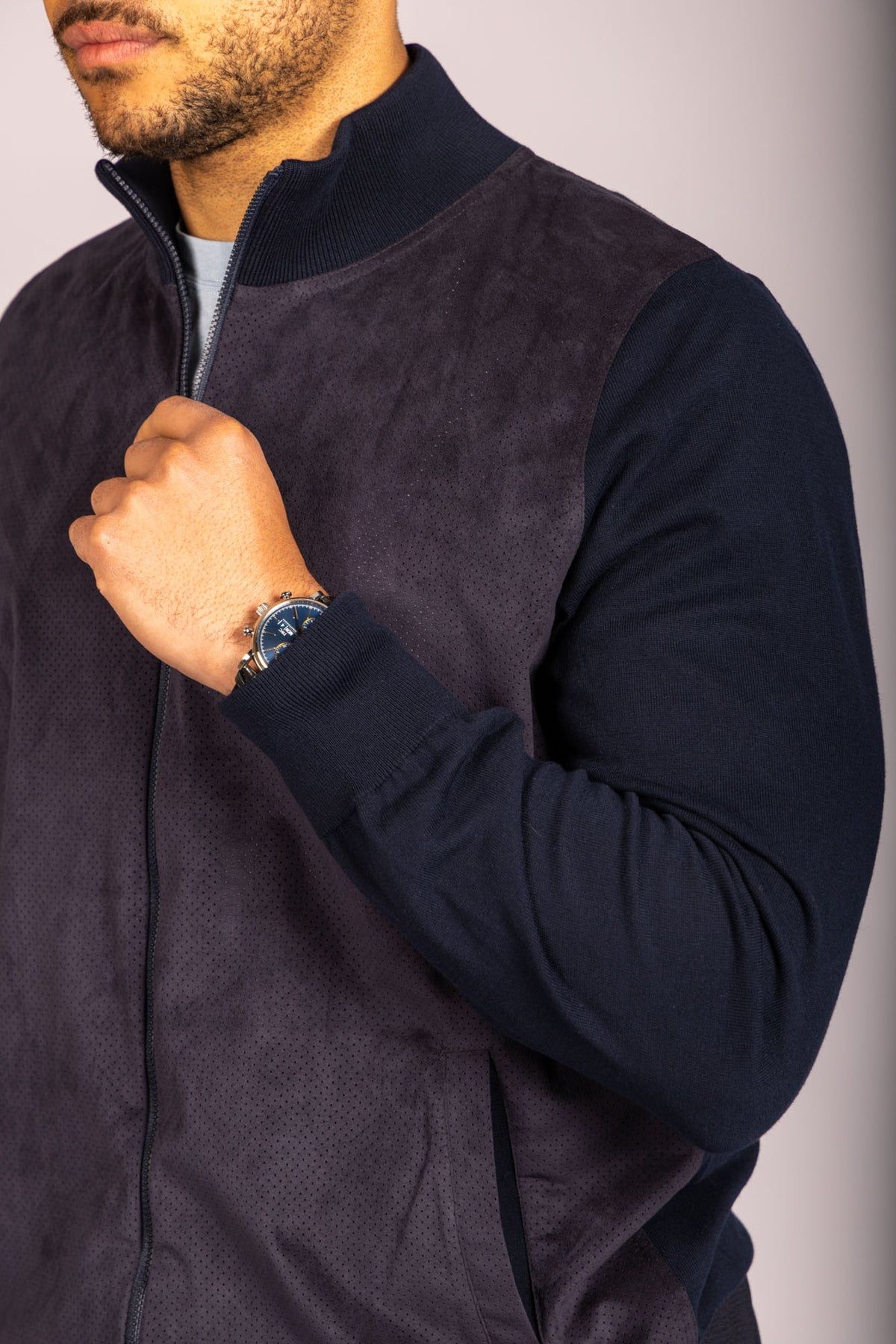 Navy Alcantara funnel neck zip-up – Featherstone London men’s outerwear - Close Up Side