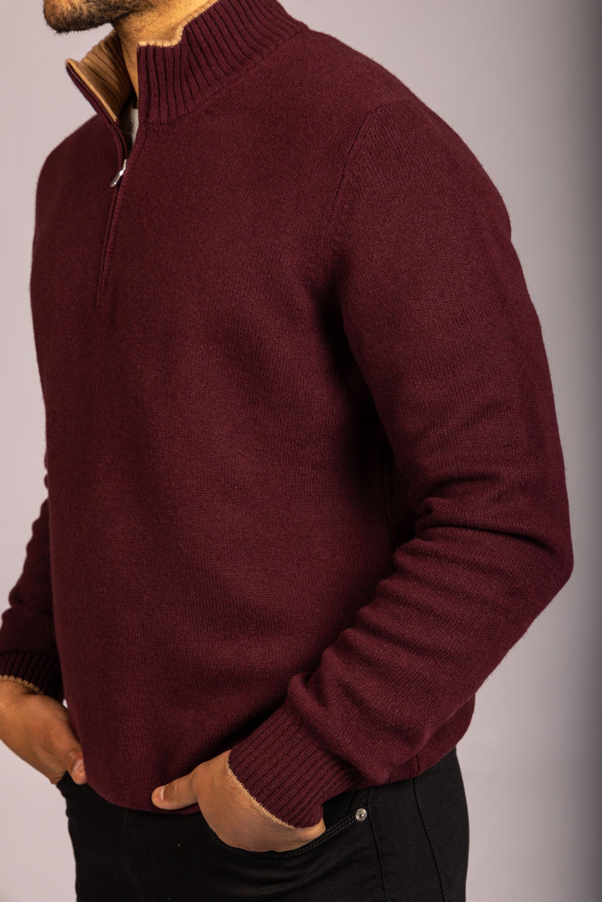 Burgundy Super Geelong Wool Funnel Neck Zip Up Cardigan