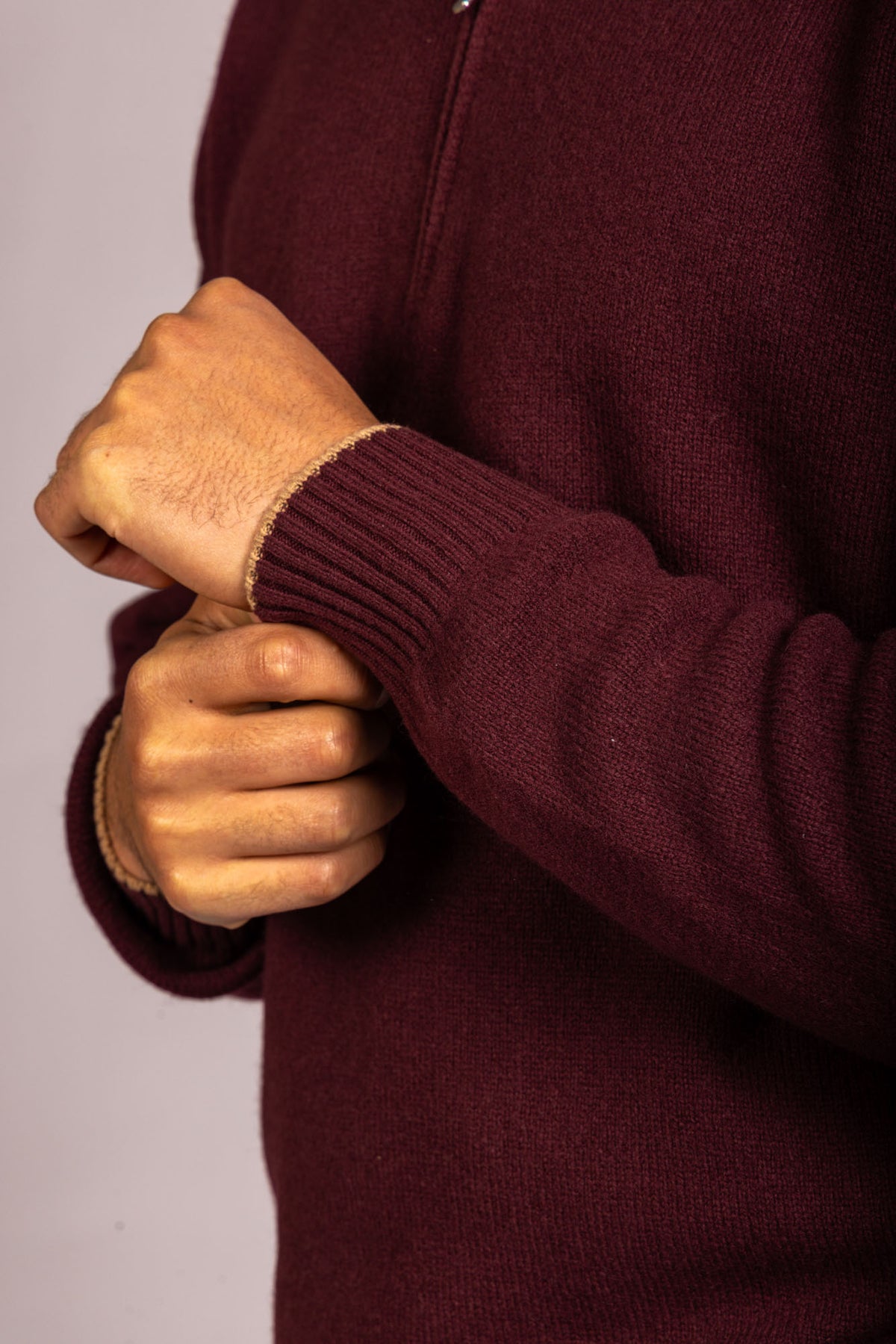 Burgundy Super Geelong Wool Funnel Neck Zip Up Cardigan