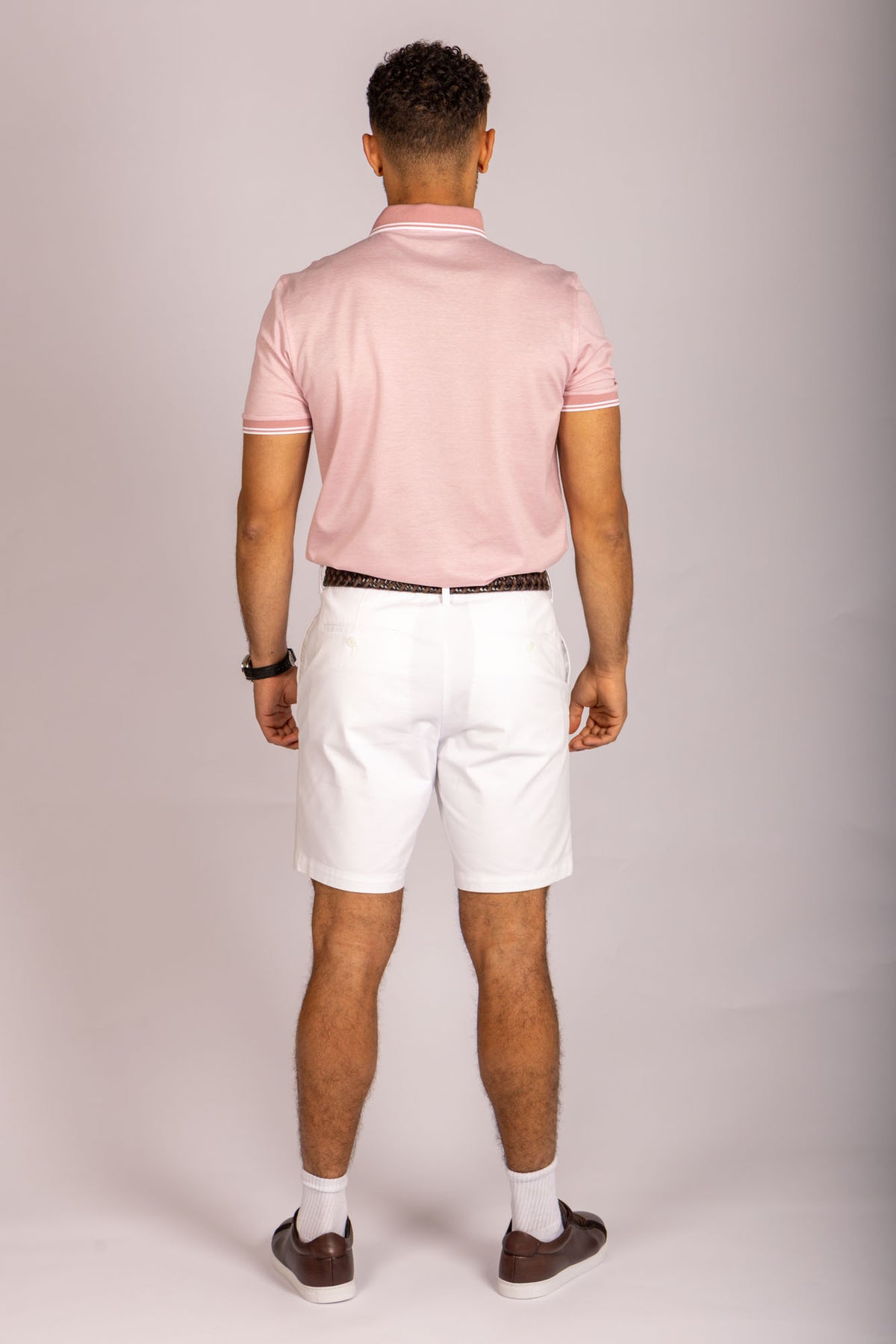 Blush Pink & White Contrast-Tipped Cotton Polo Shirt
